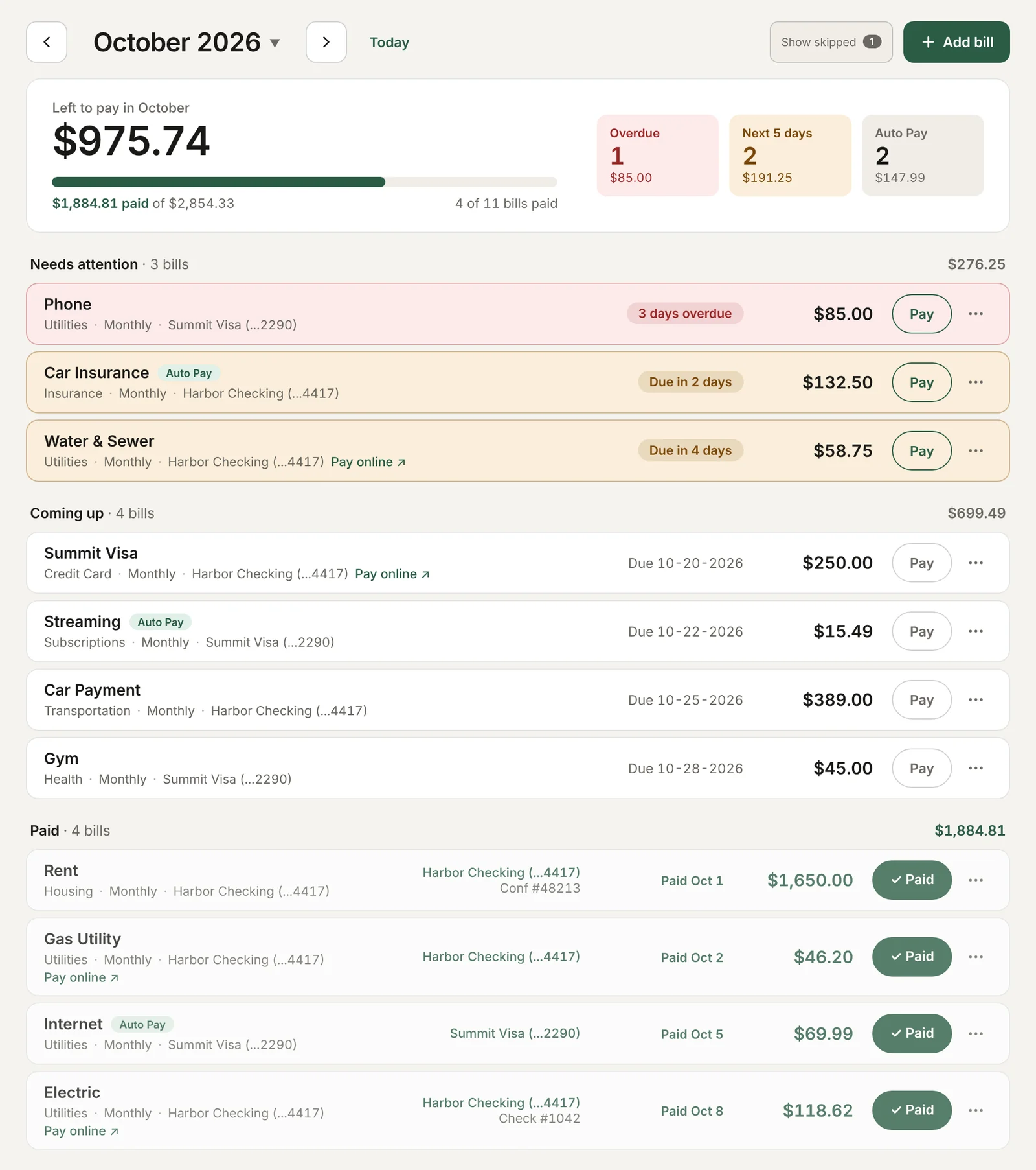 List view for October: a summary showing 975.74 dollars left to pay with a progress bar, Overdue, Next 5 days and Auto Pay tiles, then bills grouped under Needs attention, Coming up and Paid.