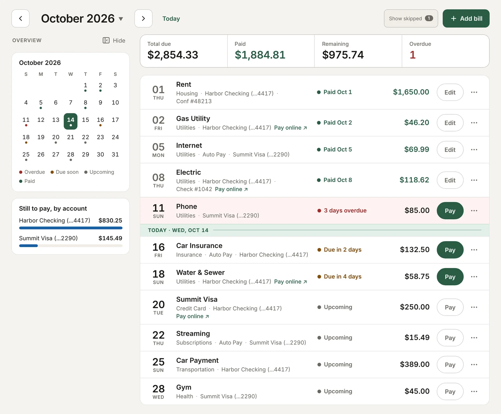Timeline view for October: an Overview panel with a month calendar and still-to-pay totals by account, beside totals and a date-ordered list of bills with a Today line between October 11 and 16.